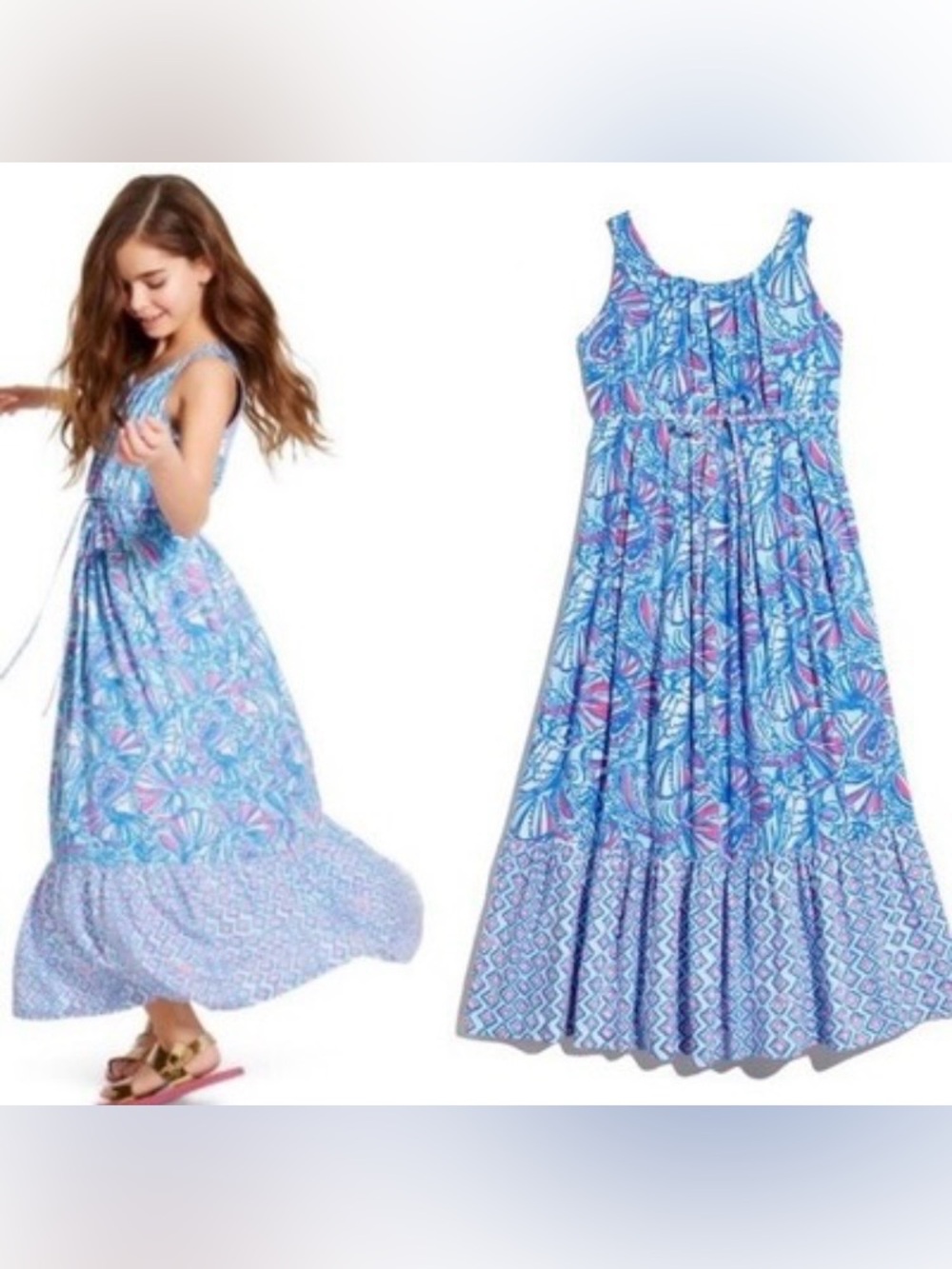 Lilly Pulitzer Girls' Blue Floral Maxi Dress with Pink Accents